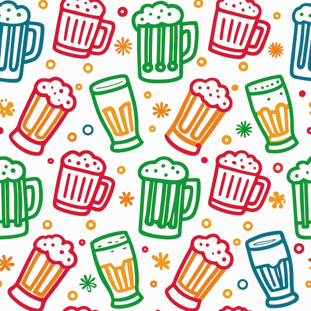 Vector colorful beer mugs with foam and festive decorations seamless pattern