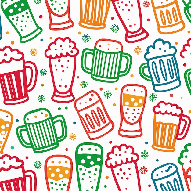 Vector colorful beer mugs with foamy tops delightful beverage pattern