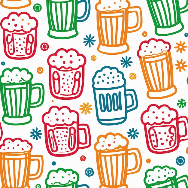 Vector colorful beer mugs with foamy tops a delightful pattern