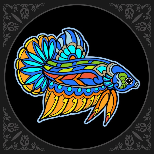 Colorful Betta fish mandala arts isolated on black background