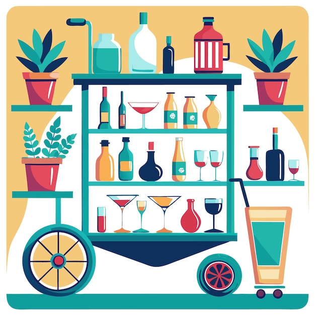 Vector a colorful beverage cart filled with various drinks and plants