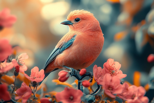 a colorful bird is sitting in a garden with flowers and a colorful bird