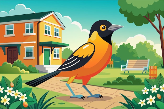 A colorful bird standing on a path in front of a house An animated bird standing on a path in front of a house