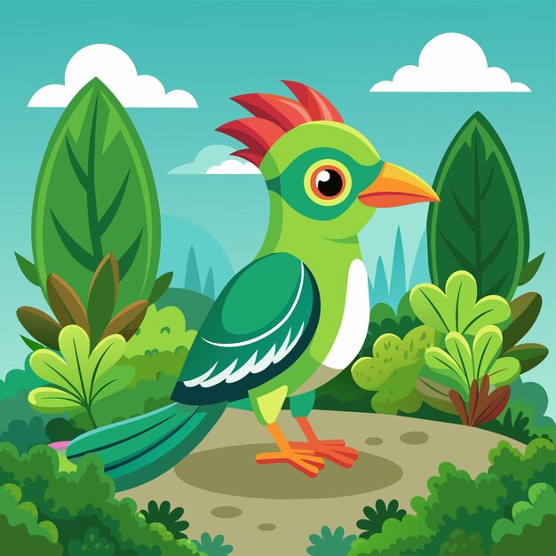 Vector a colorful bird with red hair is standing in a field