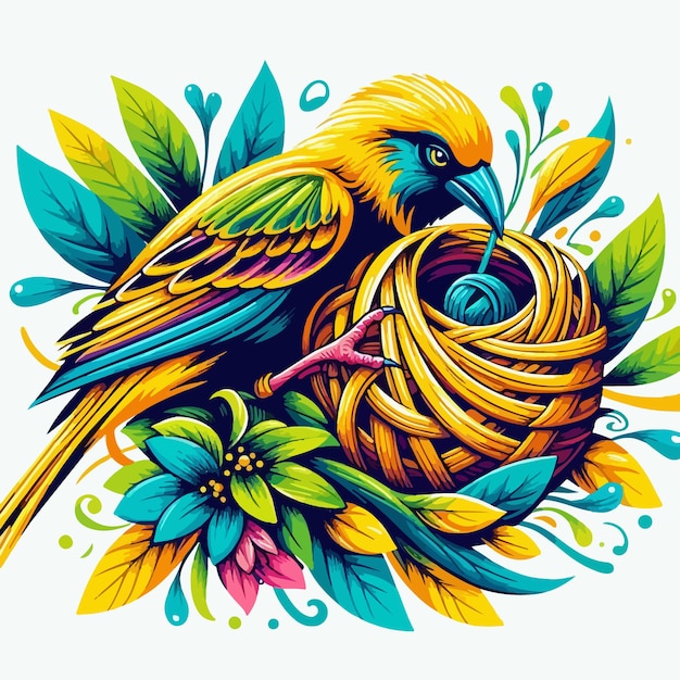 Vector a colorful bird with a yellow beak is holding a nest