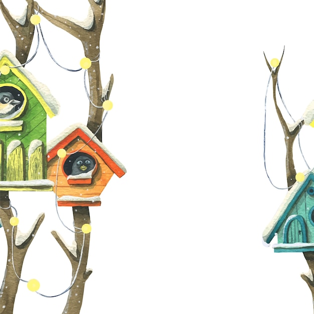 Vector colorful birdhouses with birds on trees with lights garlands and snow watercolor illustration