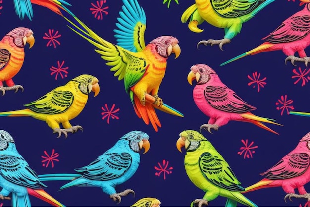 colorful birds are on a blue background with colorful designs