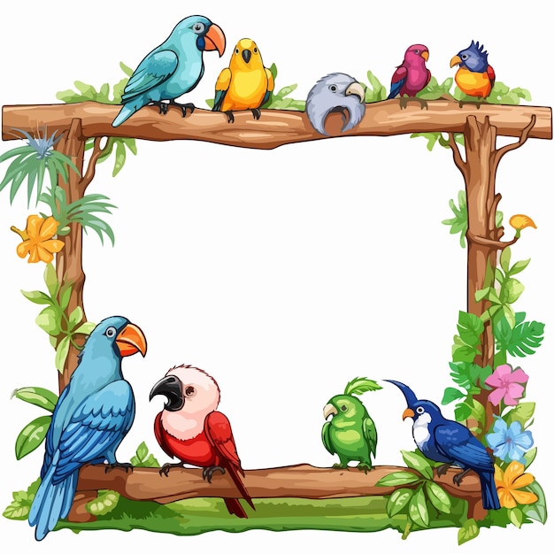 Colorful Birds Gather Around a Signboard Frame