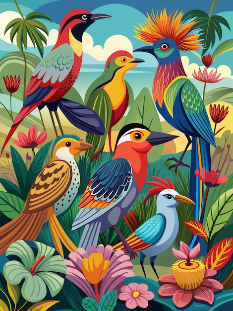 colorful birds in jungle