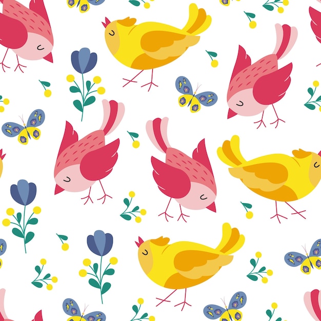 Colorful birds seamless pattern Exotic birds in different print poses Vector illustration