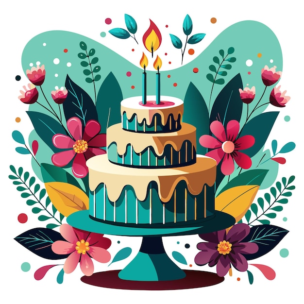 Vector a colorful birthday cake adorned with flowers and candles