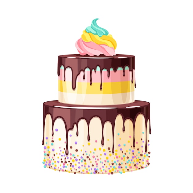 Colorful birthday cake decorated with melted chocolate  illustration.