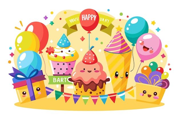 Vector colorful birthday celebration with balloons cake gifts and a banner that says quothappy birthdayquot