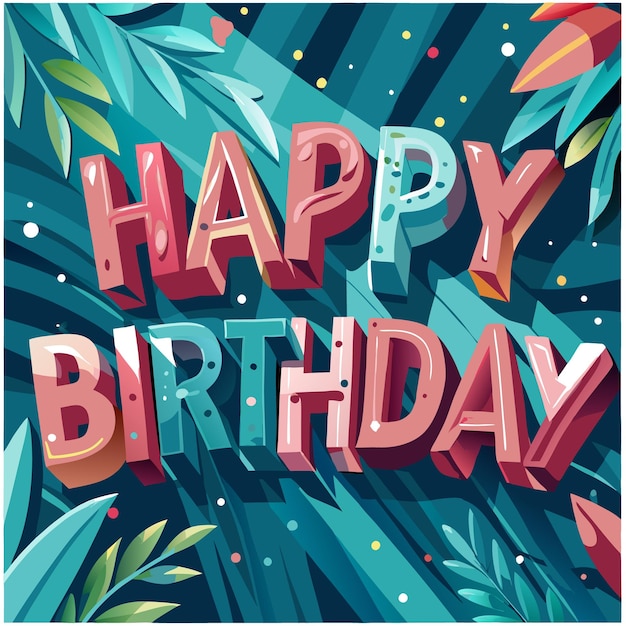 Vector colorful birthday greeting with vibrant text and tropical elements