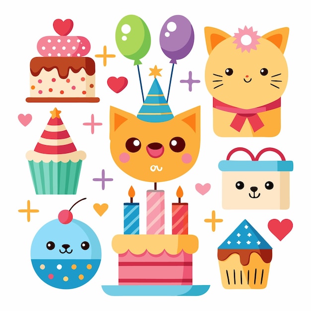 Colorful birthday illustration with cupcakes cakes cats and gifts