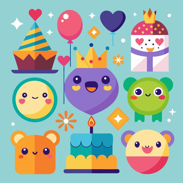 Colorful birthday party celebration with cute characters