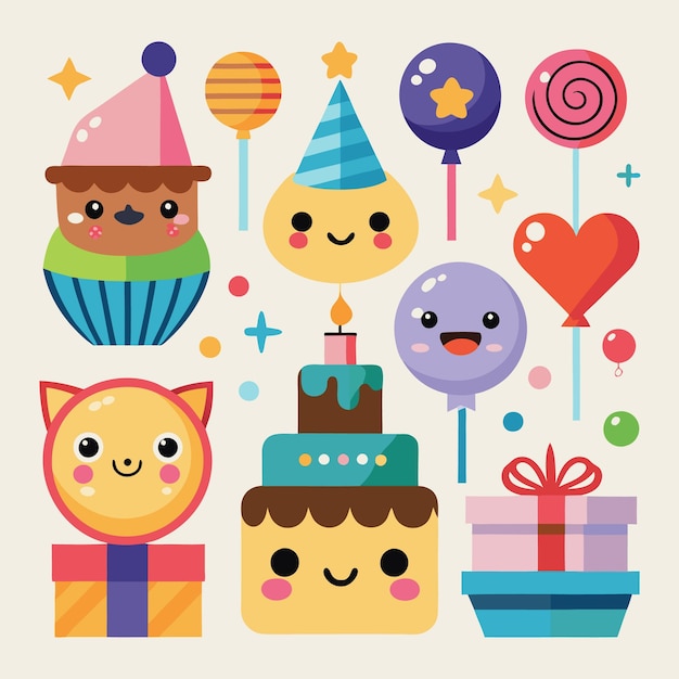 Colorful birthday party characters with gifts cake and balloons