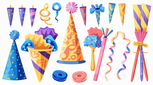 Vector colorful birthday party cone and blowers for celebration