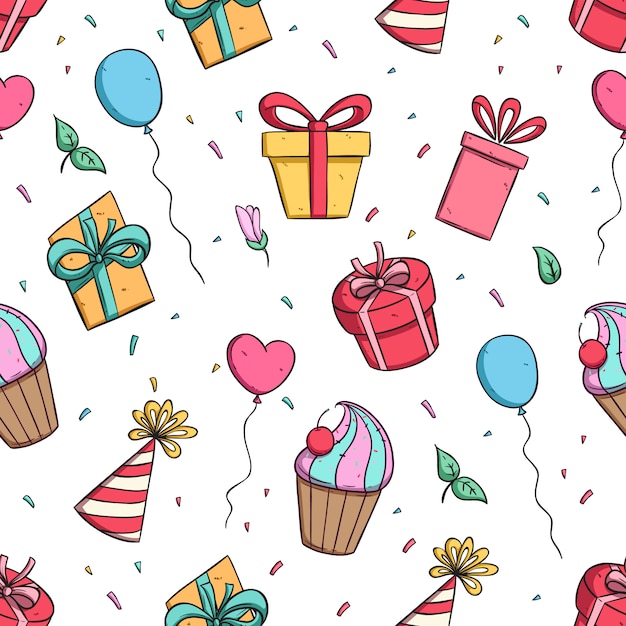 colorful birthday party decoration in seamless pattern with doodle style