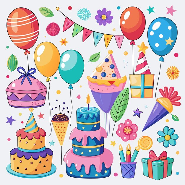 Colorful birthday party elements with balloons cake gift and confetti