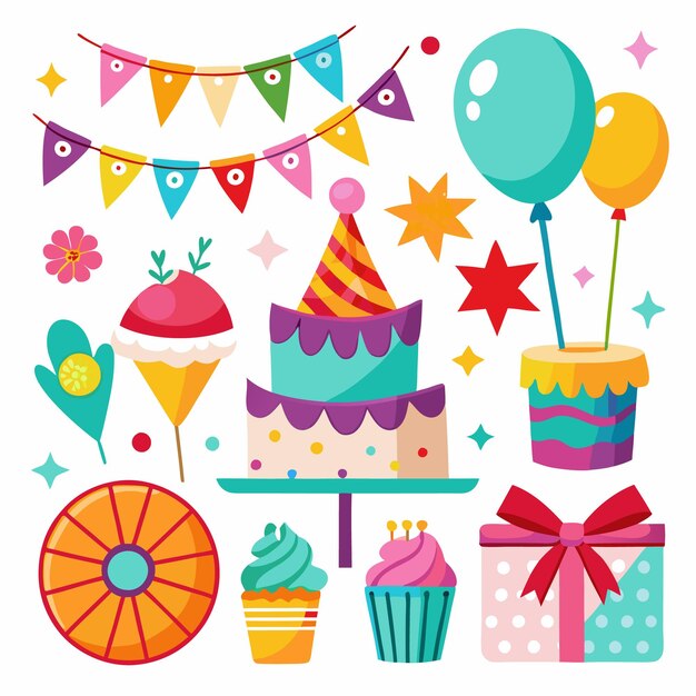 Vector colorful birthday party elements with cake balloons cupcakes gift and flags