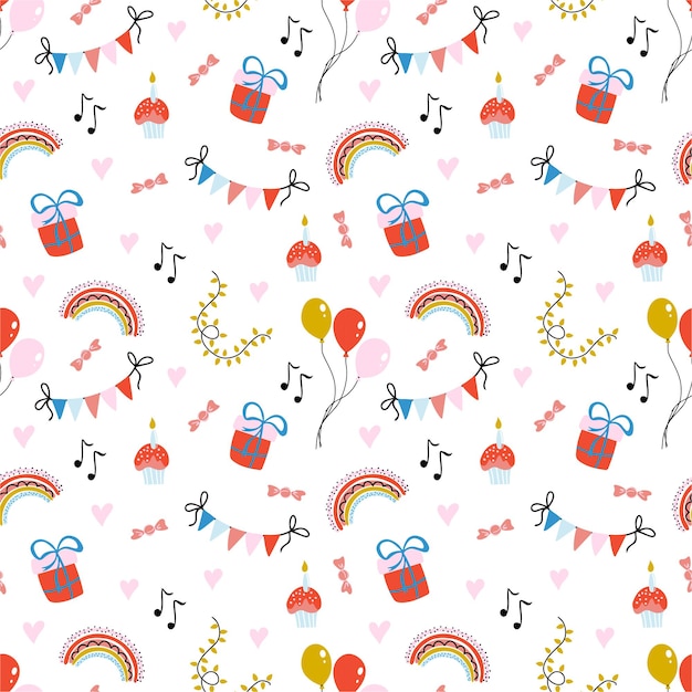 Colorful Birthday seamless pattern on white background