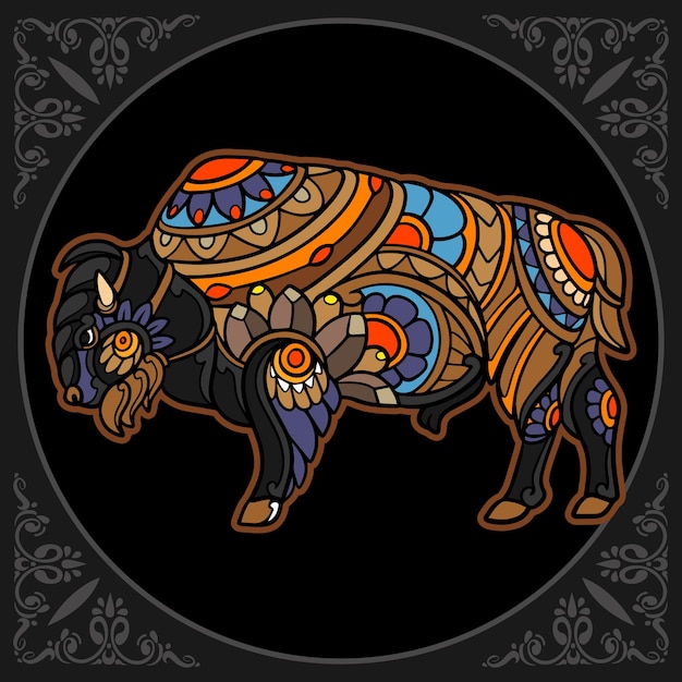 Colorful bison zentangle arts isolated on black background