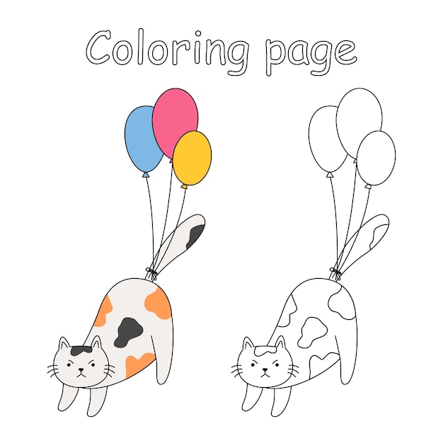 Colorful and black and white pattern for coloring Cute kitten with balloons Worksheet for children and adults