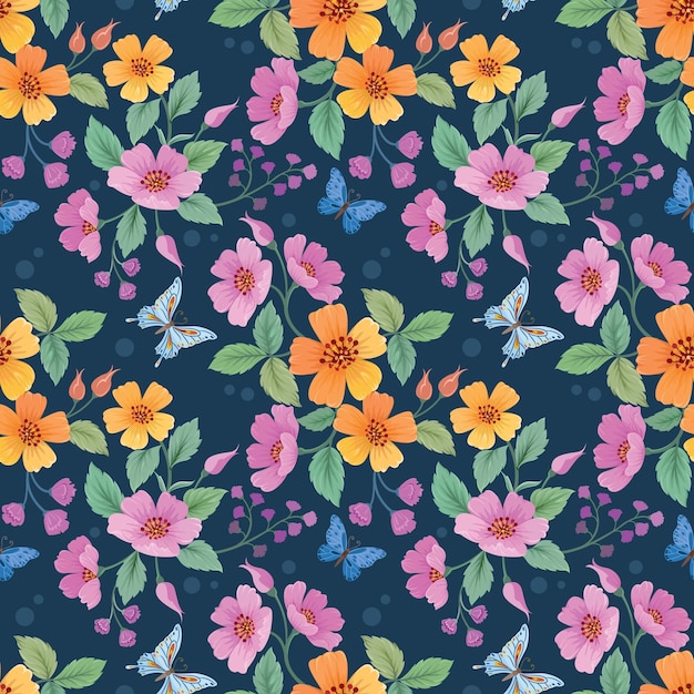 Colorful blooming flowers on dark blue color background seamless pattern for fabric textile wallpaper