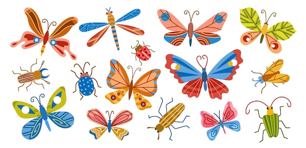 Colorful boho butterflies and decorative bugs trendy patterned insects flying and crawling spring and summer nature beetles vector set