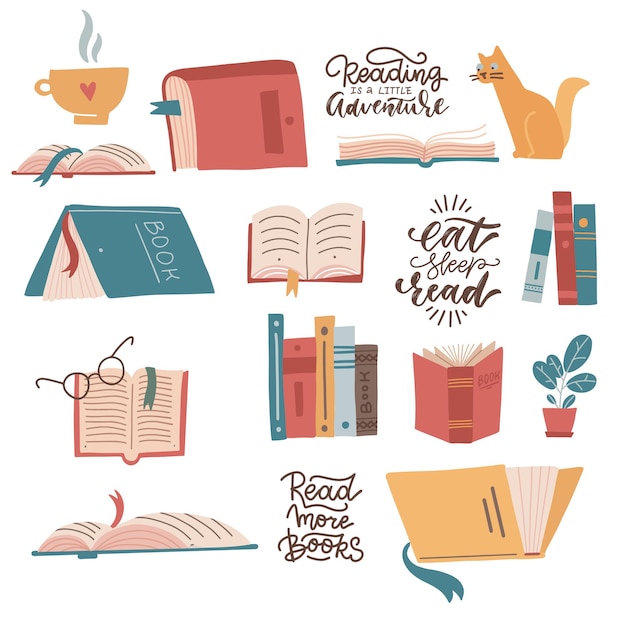 Colorful books icons set learn and study collection with lettering quotes with opened book closed bo...