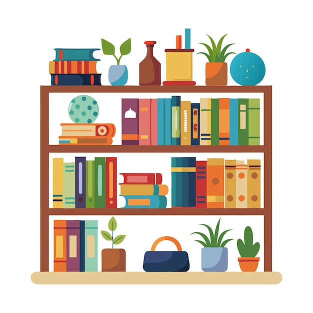 Vector a colorful bookshelf with many books and plants