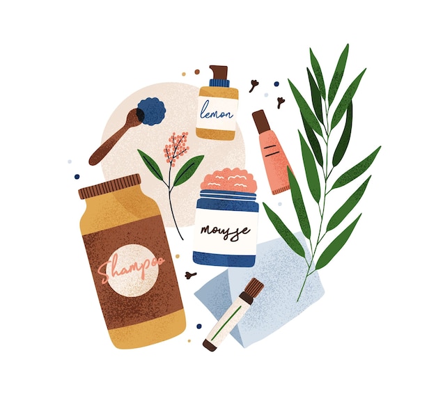 Colorful bottle and tubes of organic cosmetics with natural ingredients vector flat illustration. Eco friendly body, face and skincare isolated. Jars of beauty care composition with design elements.