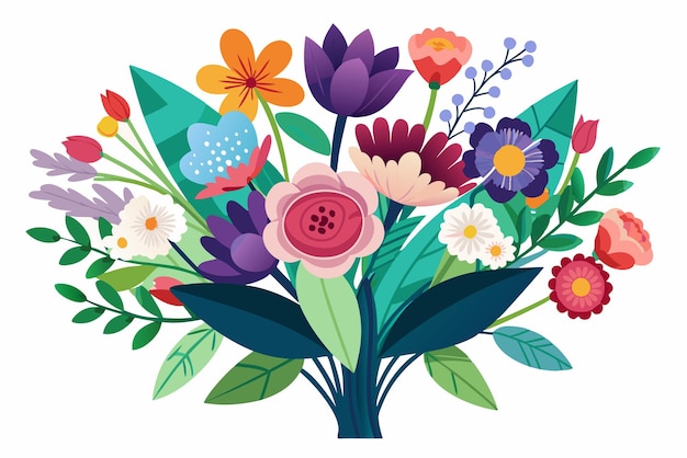 Vector colorful bouquet of flowers and green leaves