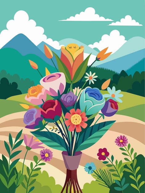 A Colorful Bouquet of Flowers in a Mountainous Landscape