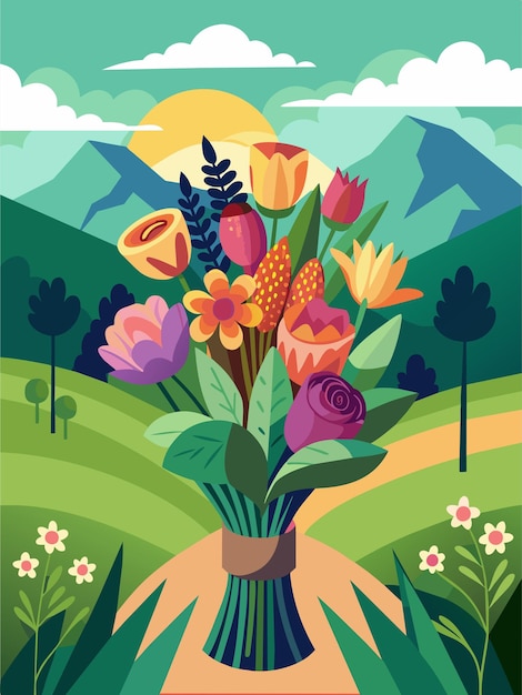 A Colorful Bouquet of Flowers in a Mountainous Landscape