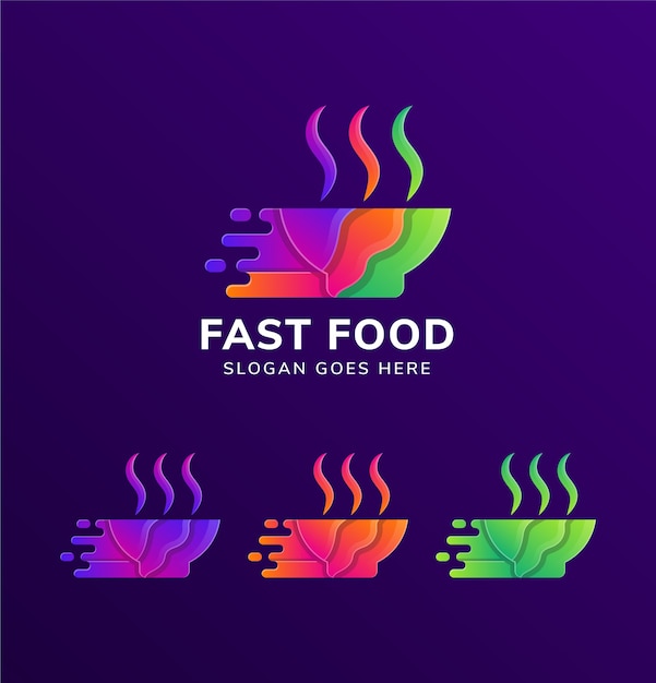 colorful bowl combined with smoke and speed symbol as fast food logo design template isolated in purple gradient background.