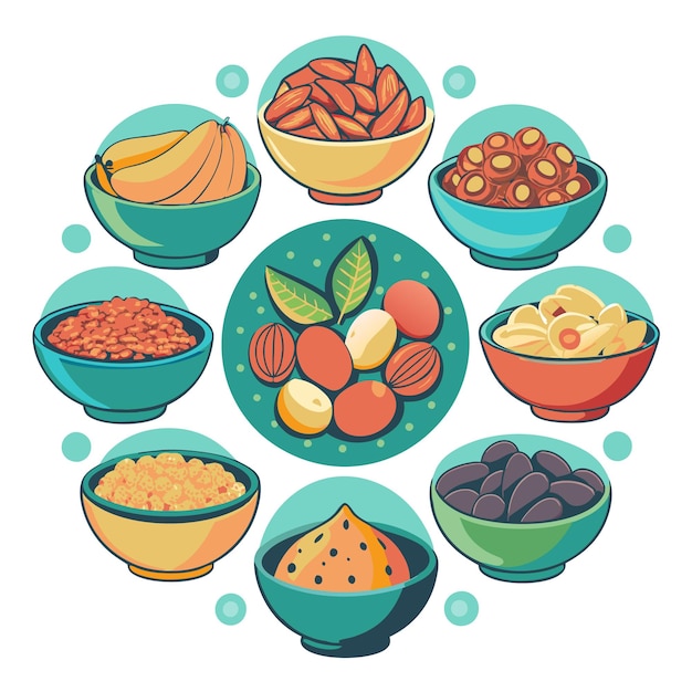 Vector colorful bowls filled with various dried fruits and nuts