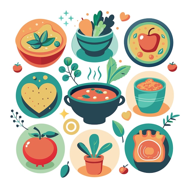 Vector colorful bowls with various foods and plants