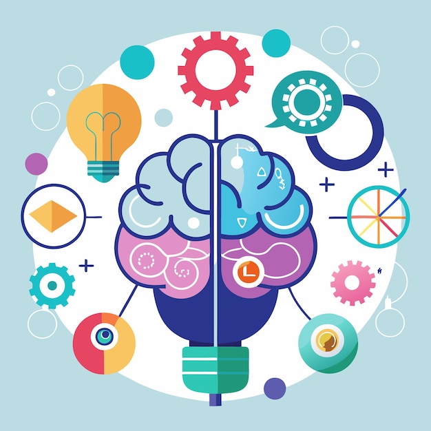 Colorful brain illustration with gears and light bulb representing creativity and intelligence