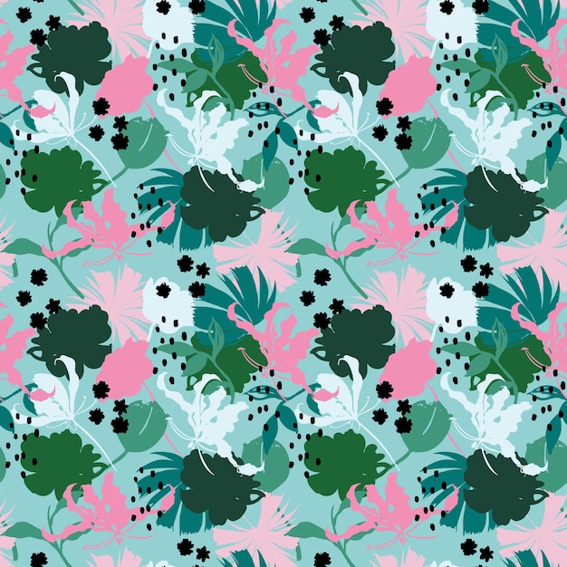 Colorful and bright summer Silhouette Abstract seamless pattern with leaves and flowers Background with florals vector