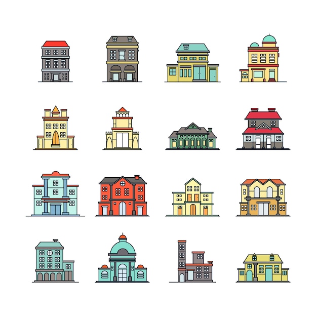 Colorful building icons.