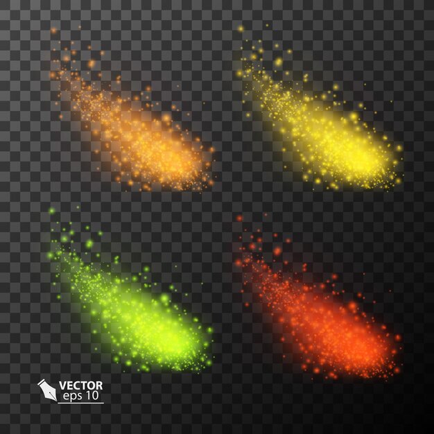 Vector colorful burning comets set of flying colorful burning comets