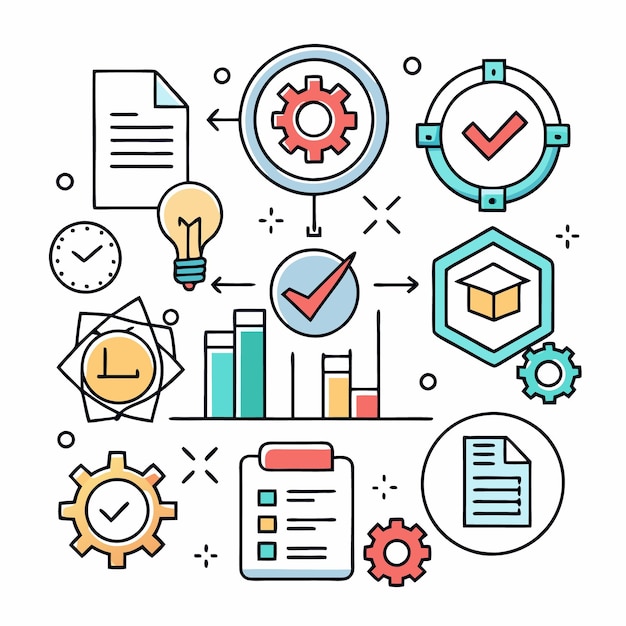 Colorful Business Process Illustration with Gears Checkmarks and Documents