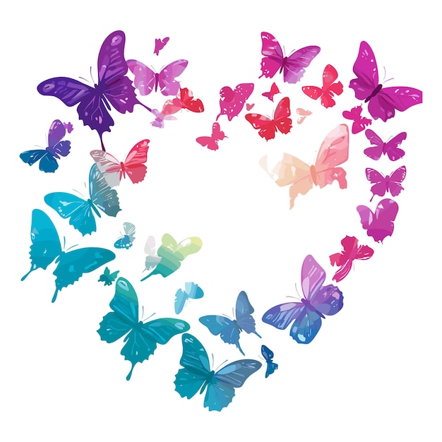 Colorful butterflies arranged in a heart shape isolated on white background