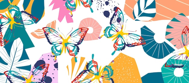 Colorful butterflies and moths with flowers and exotic leaves vector illustration background