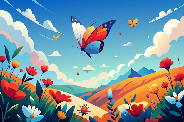 A colorful butterfly flies over a field of flowers