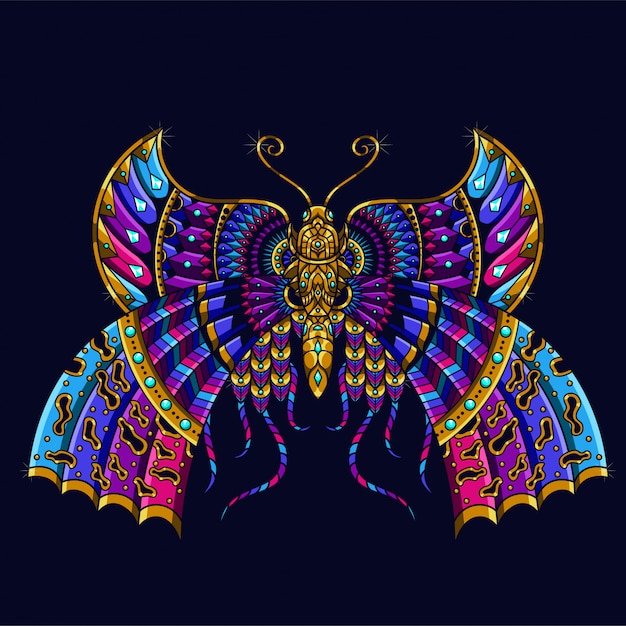 Colorful butterfly illustration, mandala zentangle and tshirt design