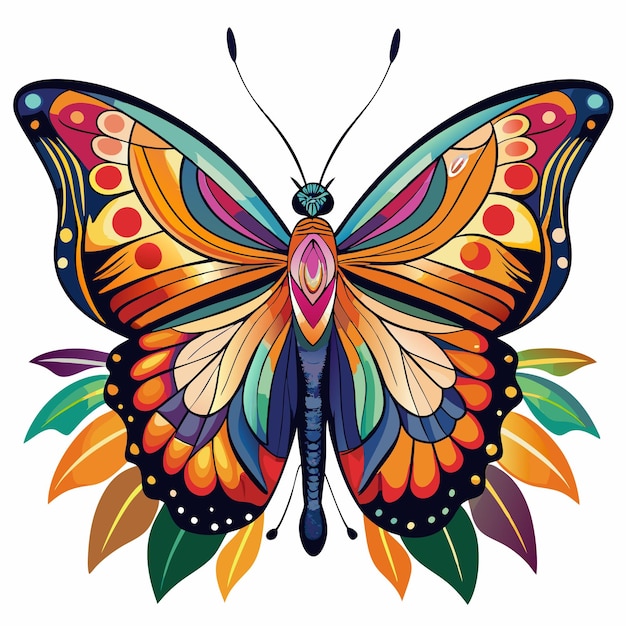 Colorful Butterfly with Abstract Wing Patterns and Floral Elements