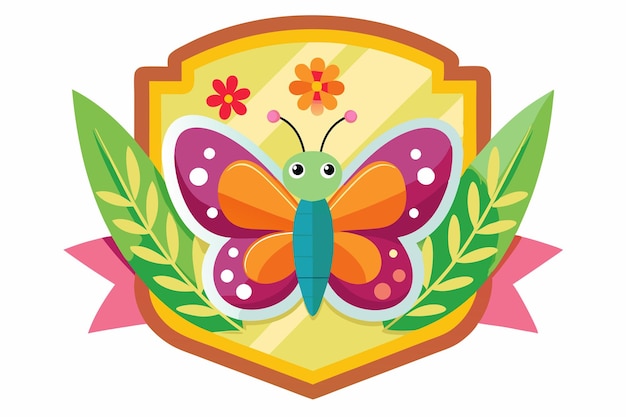 Colorful Butterfly with Floral Decoration on a Shield Badge